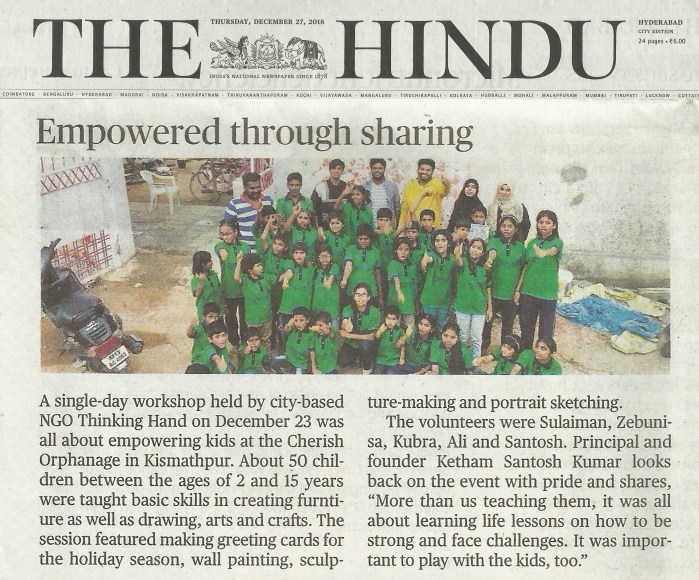 The Hindu News Thinking Hand NGO Empowered through sharing @ kethamsatelier 2018